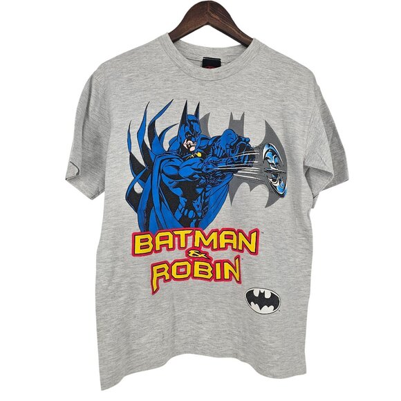 VTG Batman & Robin Graphic T-Shirt Youth XL DC Comics 1997 Gray Grunge - Picture 1 of 7